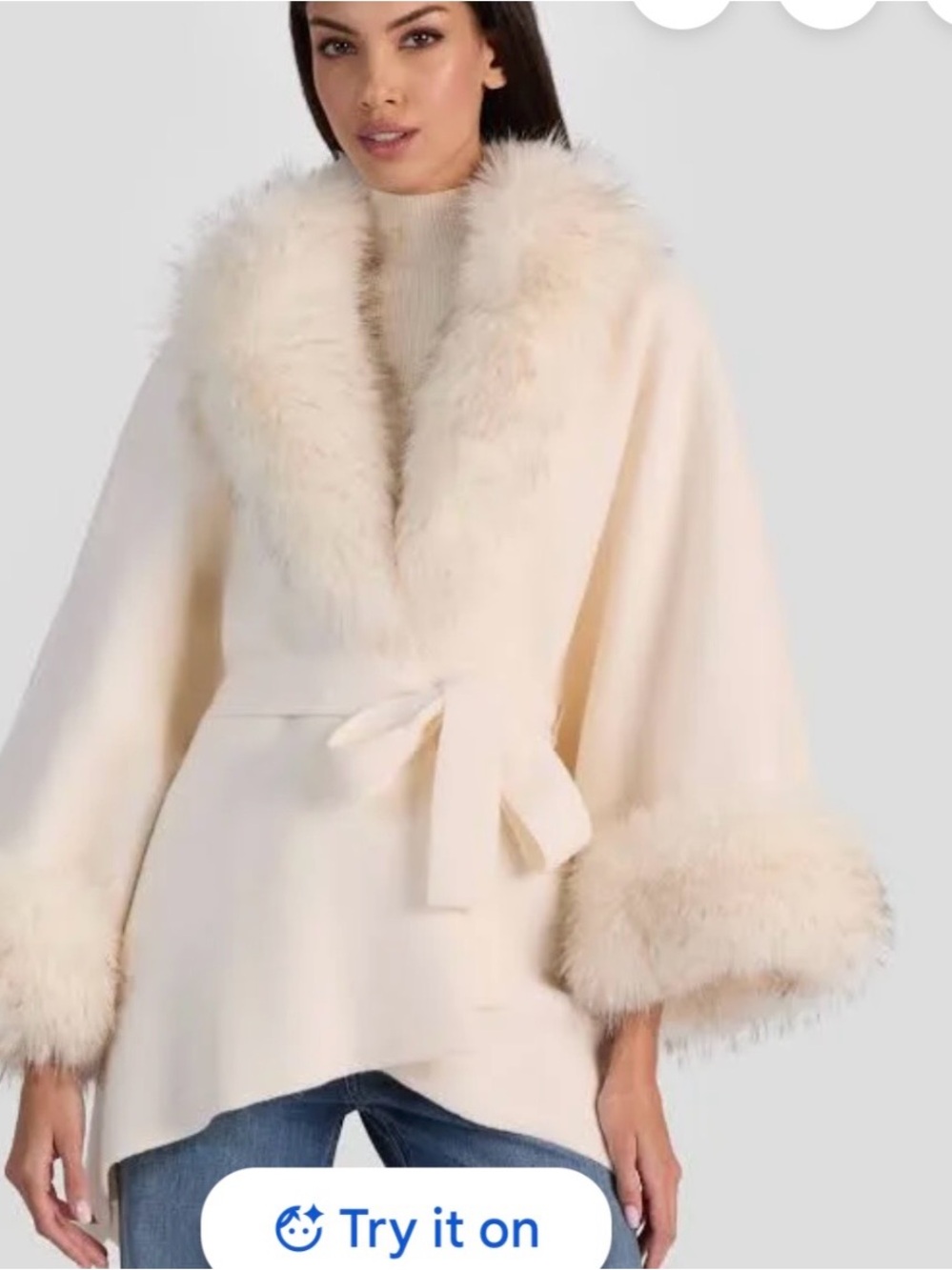 Alice + Olivia Cream wool Faux-Fur Trim Wrap Poncho coat Sz M/L NWT